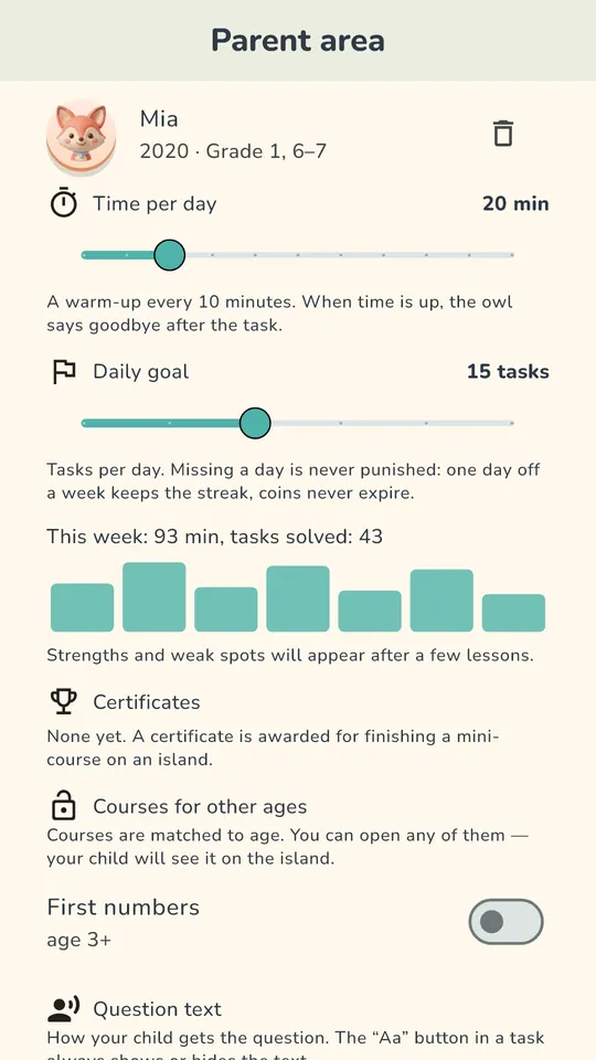Parent area: time per day, daily goal and a chart of this week's play